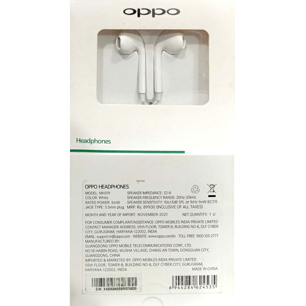 White Oppo Mh319 Earphone Oppo Wired Earphone MH319 White Aux - Main Image
